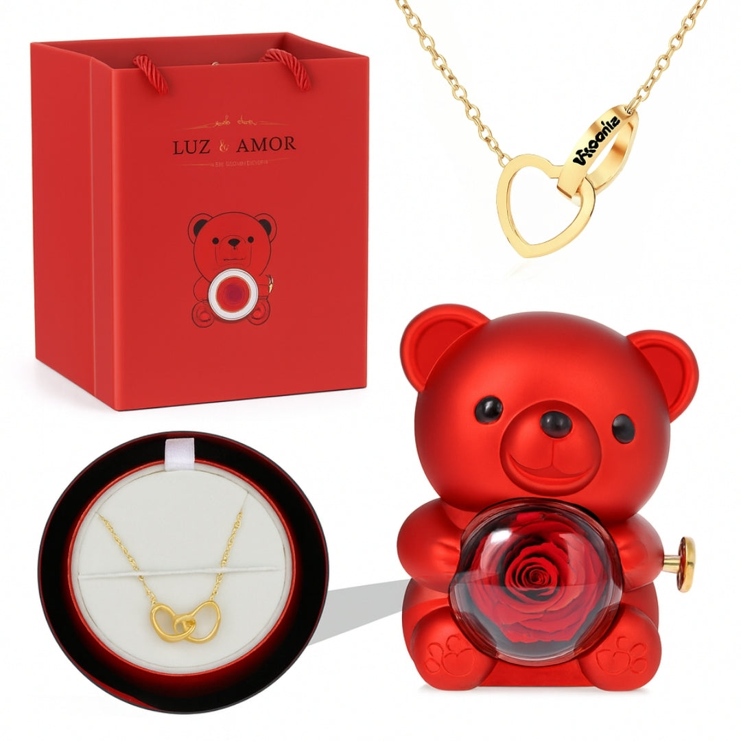 Colar com Nome Personalizado + Urso com Rosa Eternizada